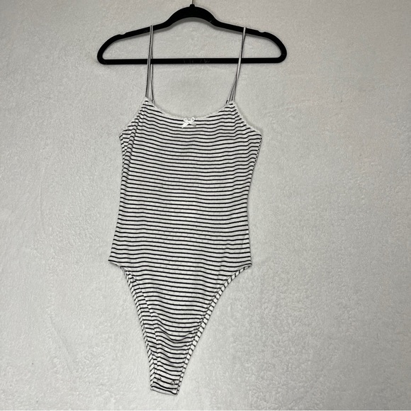 FOREVER 21 Pointelle Knit Bodysuit Bundle 1) White 2) White black Stripes Small - Picture 3 of 10